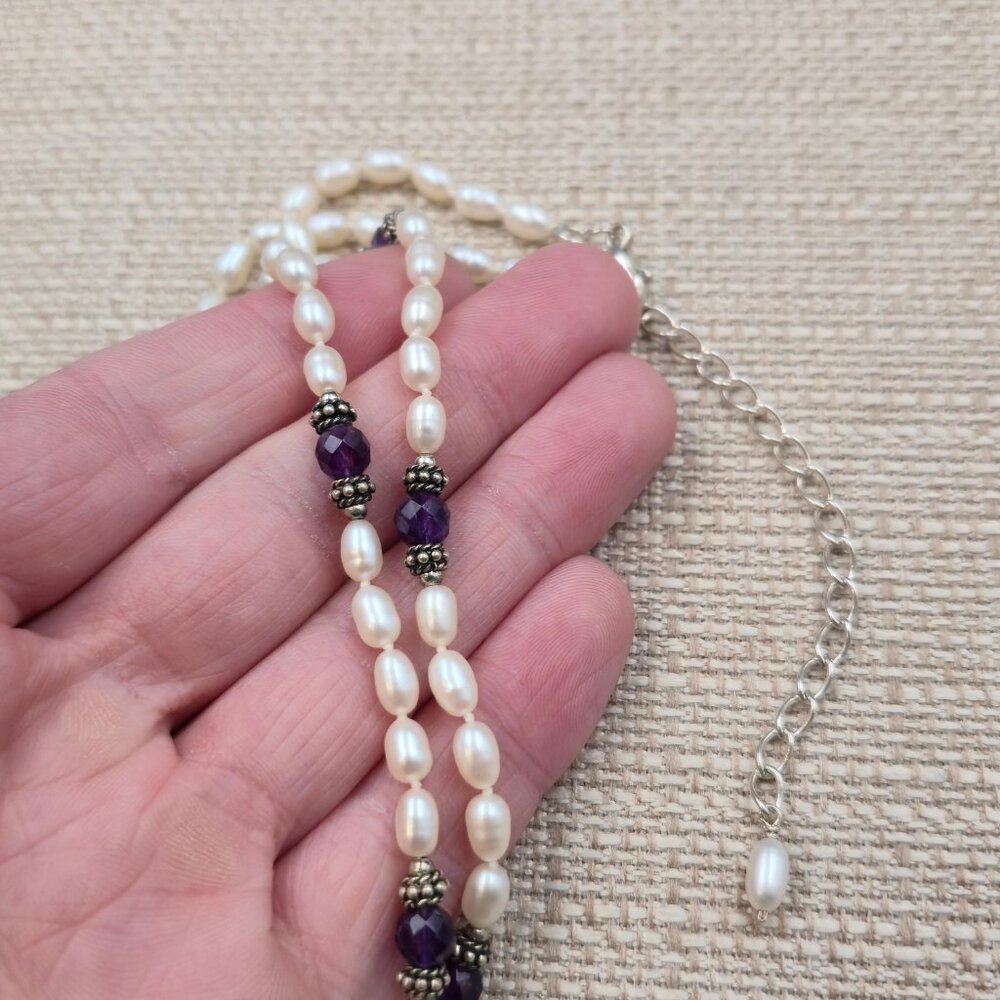 16.5 + 3 Inch Sterling Silver Pearls And Amethyst Stones Necklace B1006 - Picture 4 of 7